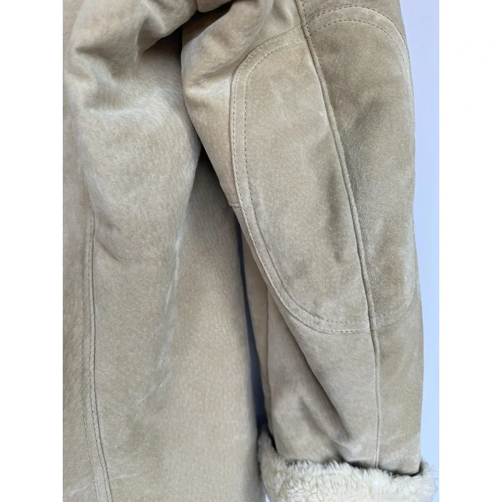 Jones NY Womens Penny Lane Suede Faux Fur Lined Coat Size L Hood Zip Tan *flaws
